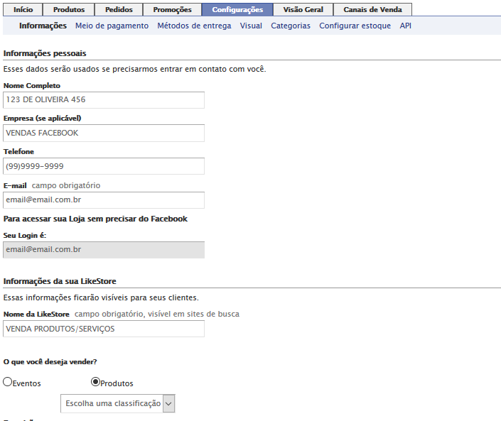 loja grátis para Facebook
